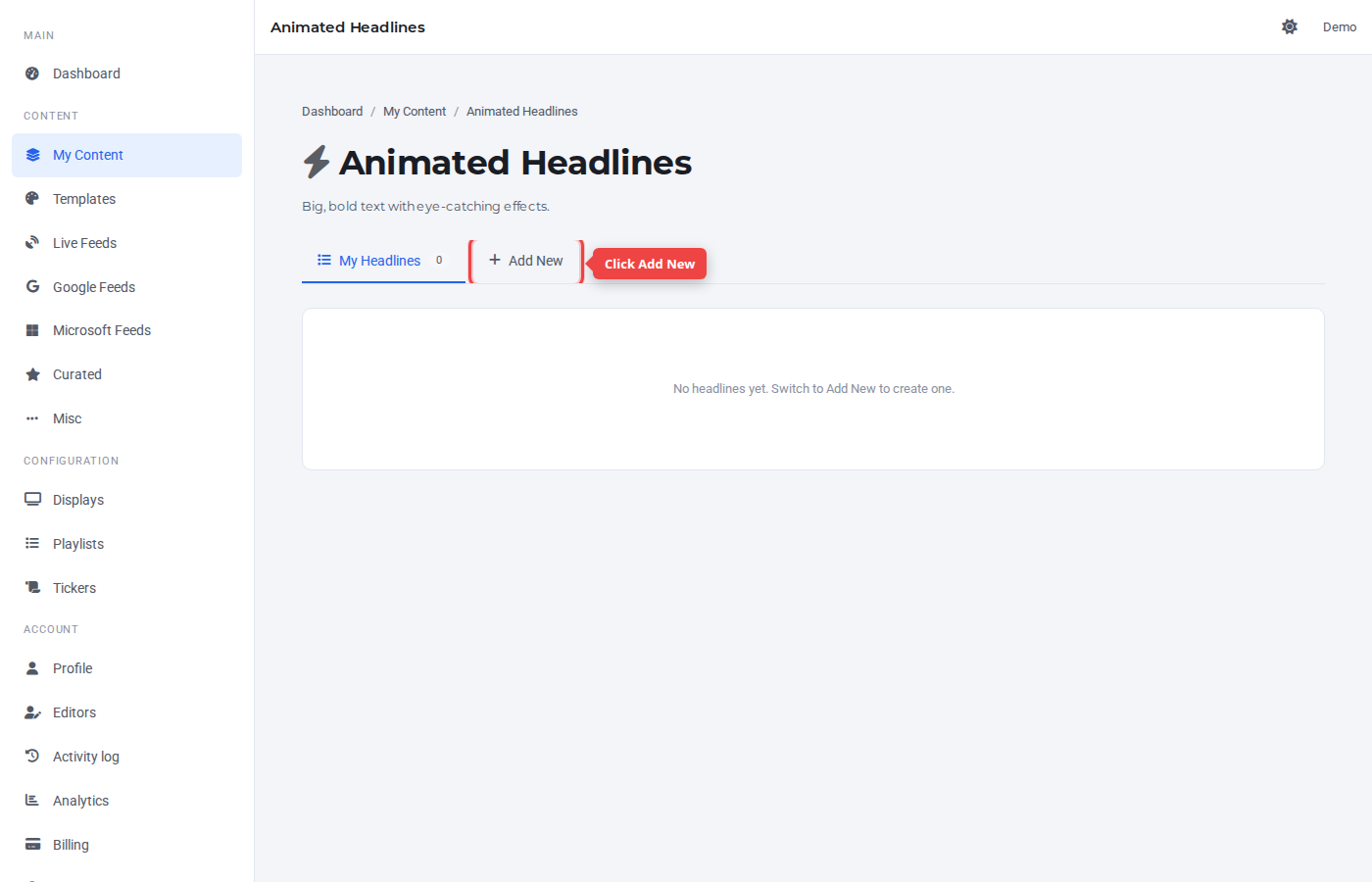 Animated Headlines page with the Add New tab highlighted
