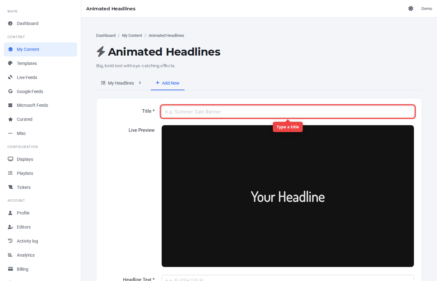 Empty headline form with the Title field highlighted
