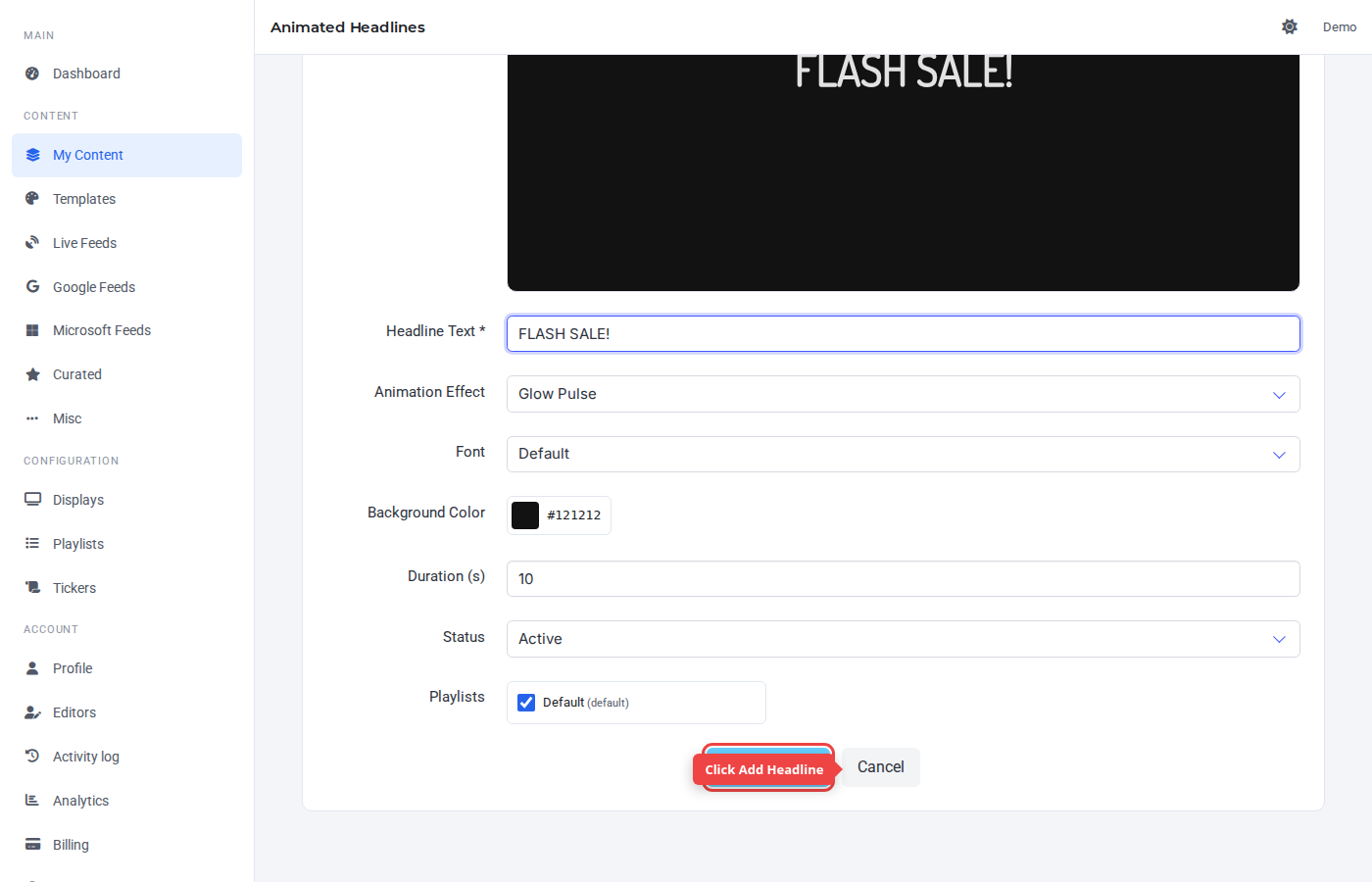 Form bottom with the Add Headline button highlighted