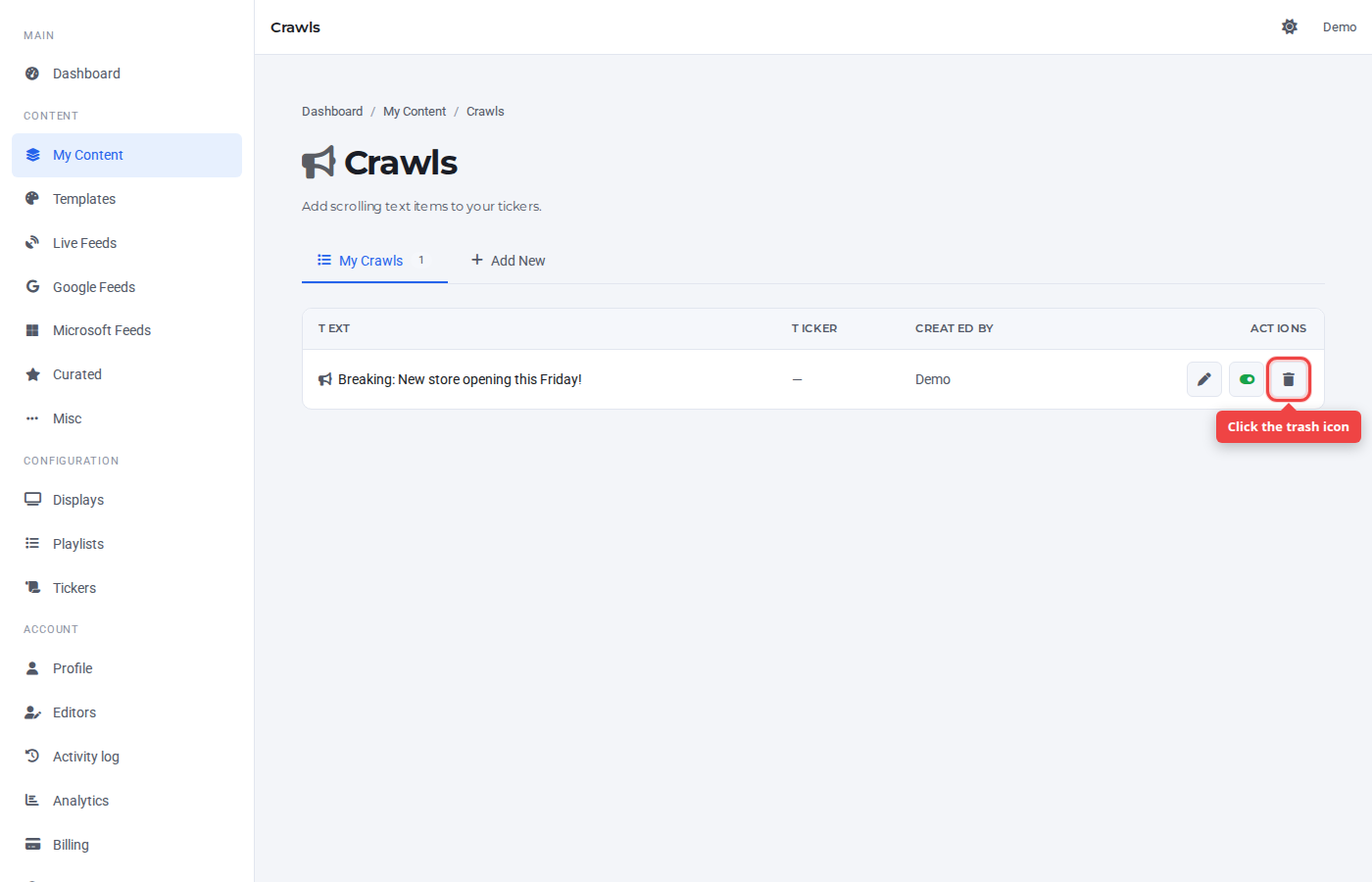 Crawls row with the trash icon highlighted