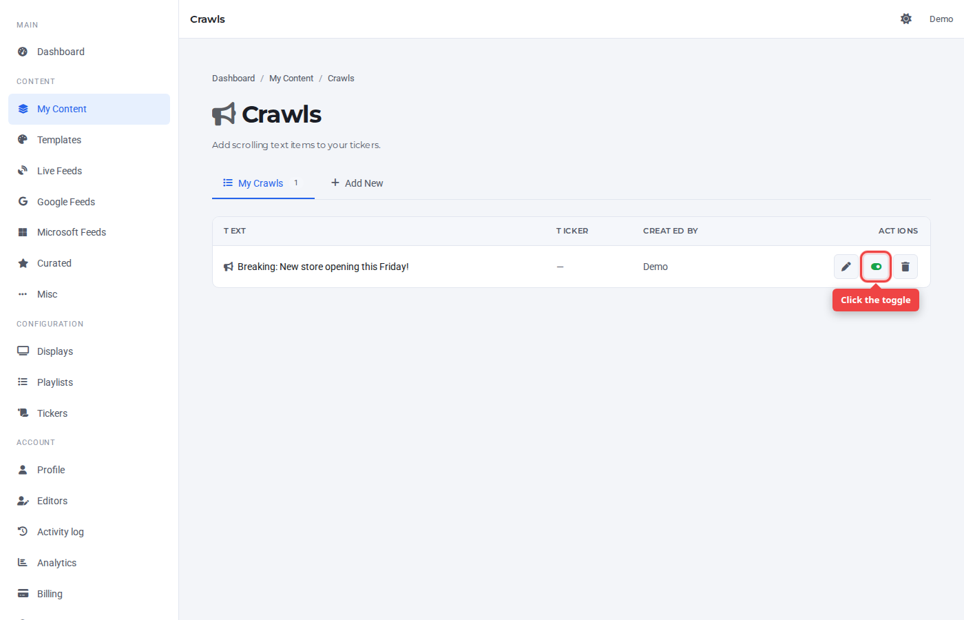 Crawls row with the toggle icon highlighted