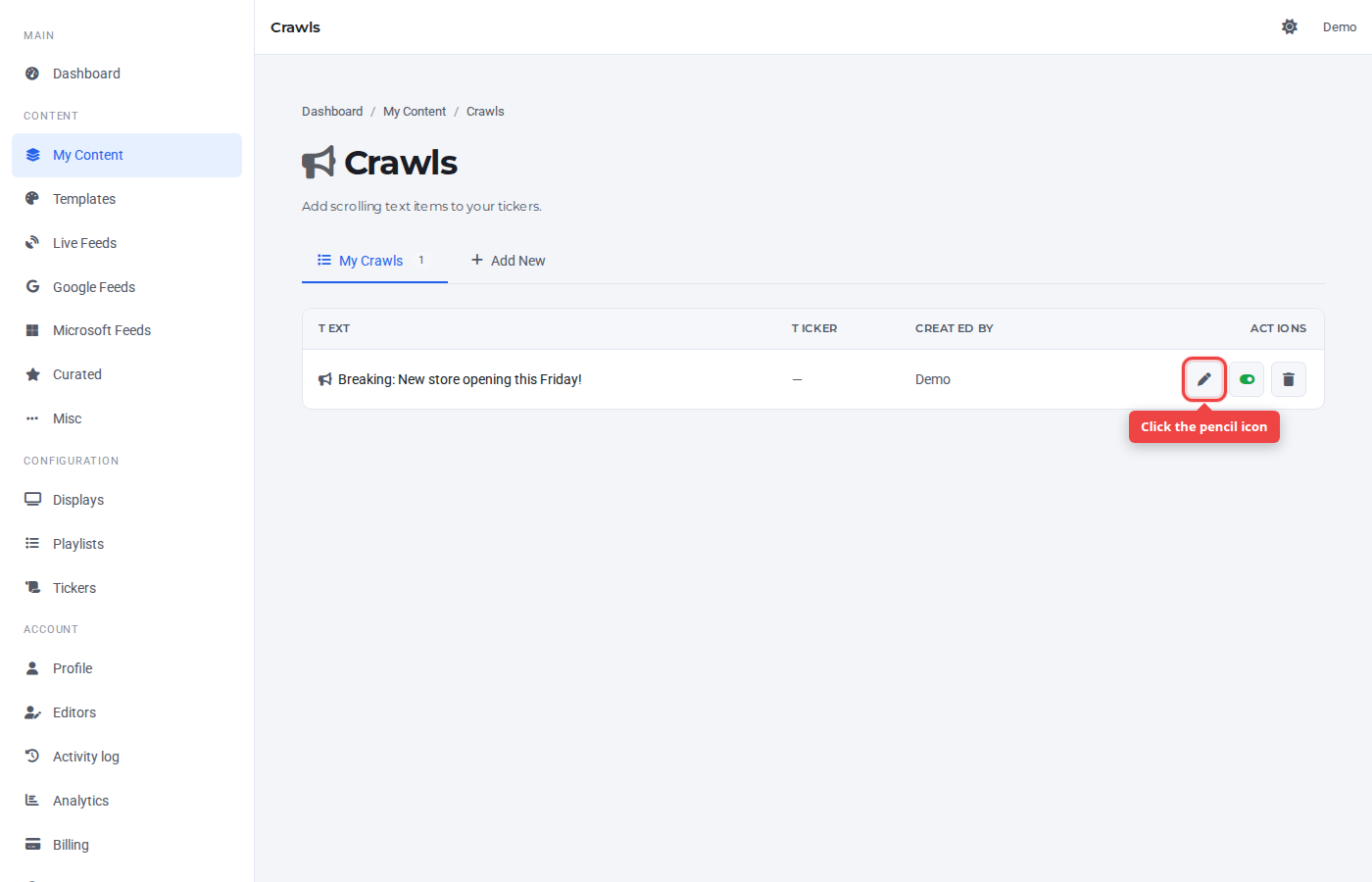 Crawls row with the pencil (edit) icon highlighted
