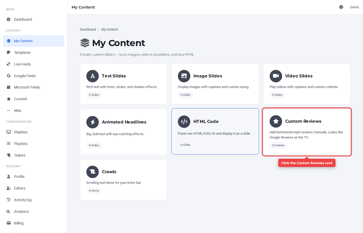 My Content hub with the Custom Reviews card highlighted