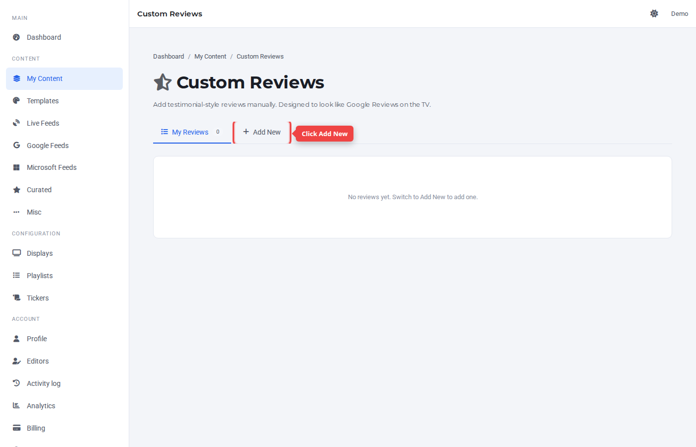 Custom Reviews page with the Add New tab highlighted