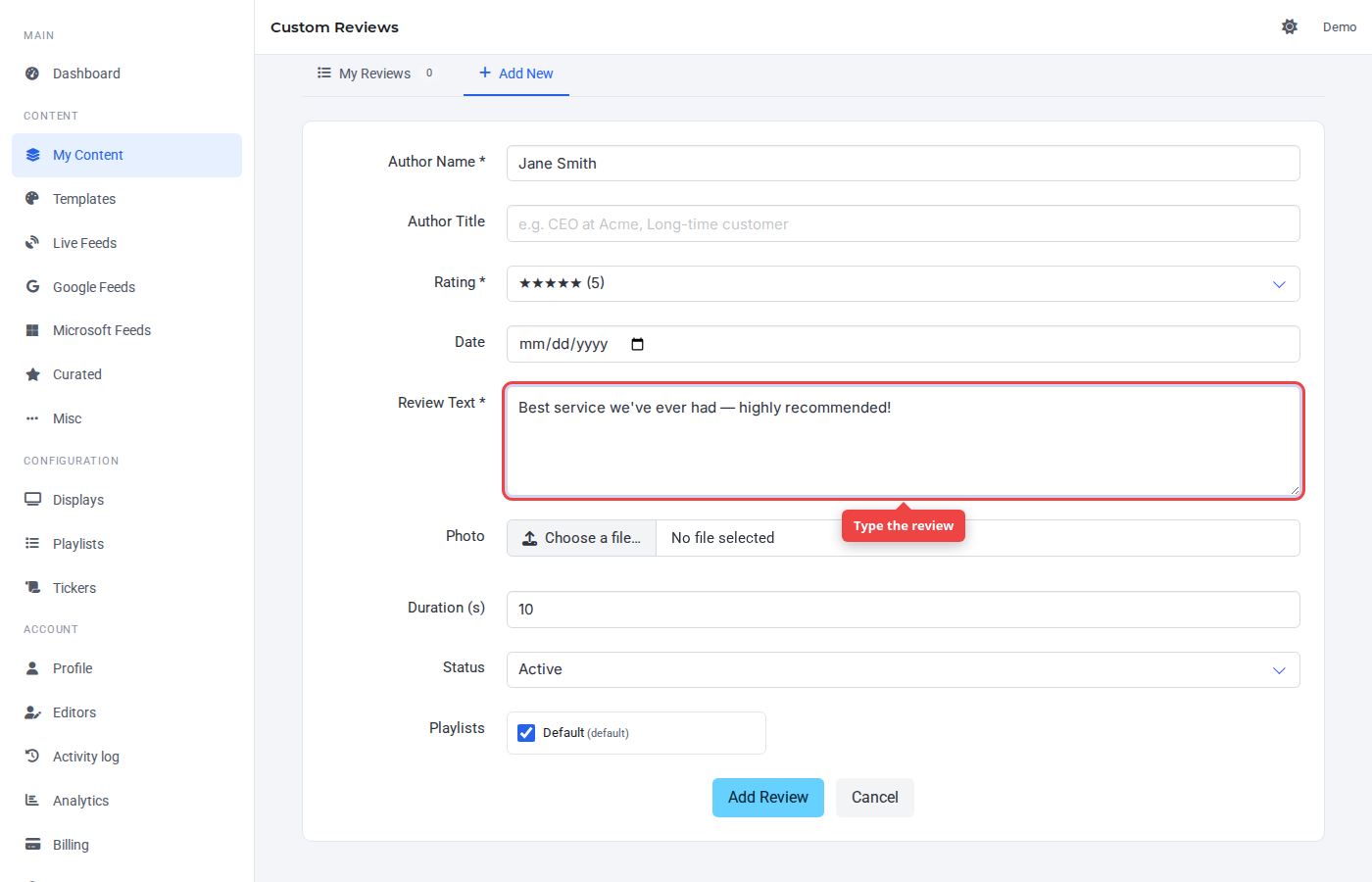 Form with the review text highlighted