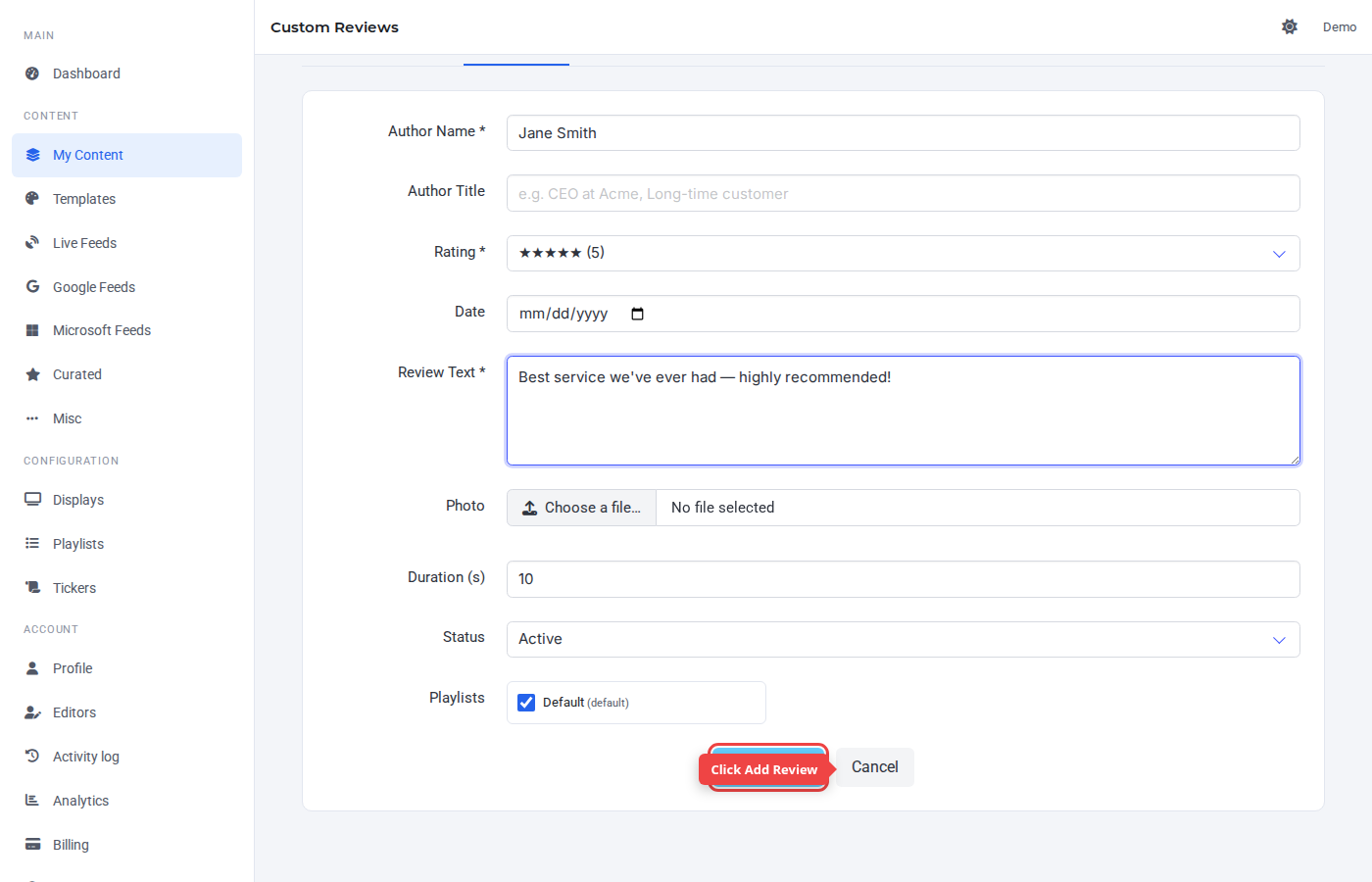 Form bottom with the Add Review button highlighted