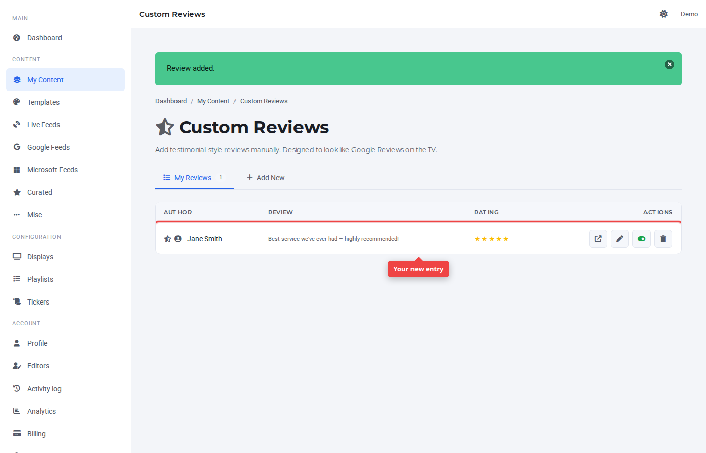 Custom Reviews list with the new entry highlighted