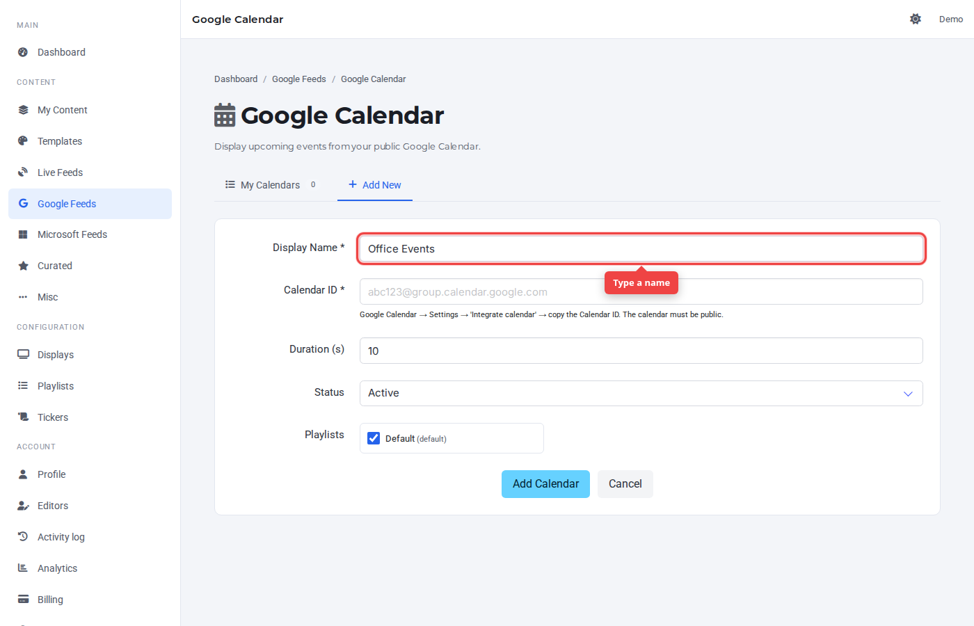Google Calendar Add New form with the Display Name field highlighted