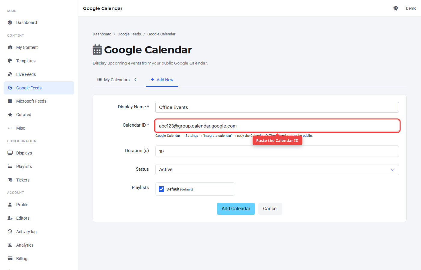 Google Calendar source URL field highlighted