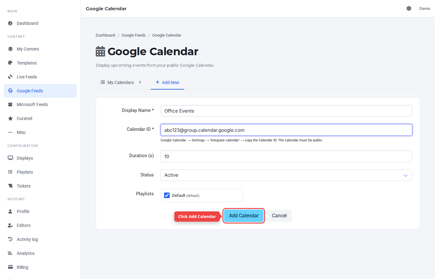 Form bottom with the Add Calendar button highlighted
