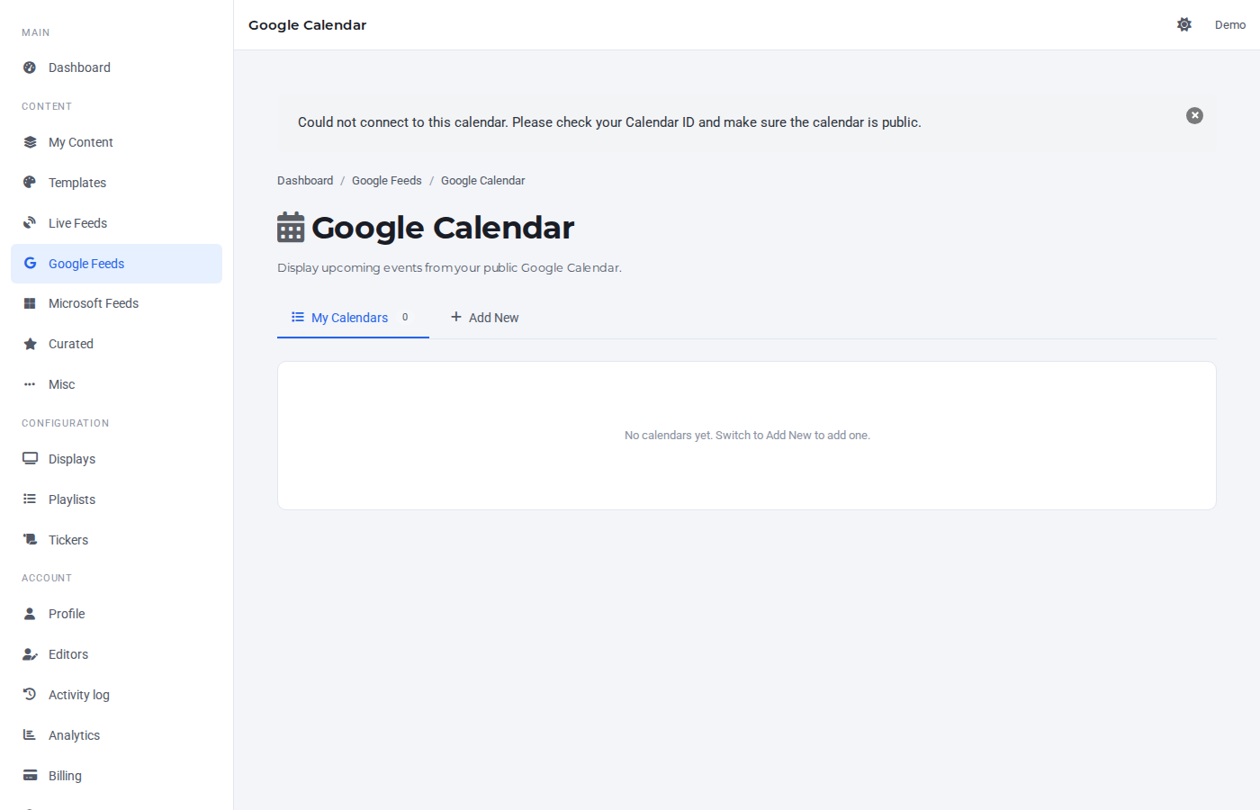 My Calendars tab with the new entry highlighted