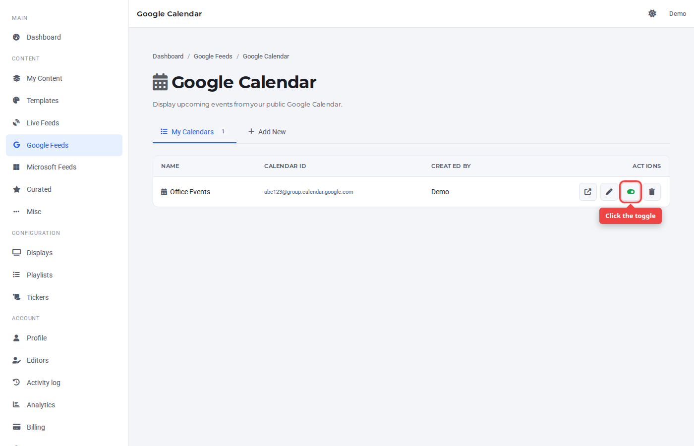 My Calendars row with the toggle icon highlighted