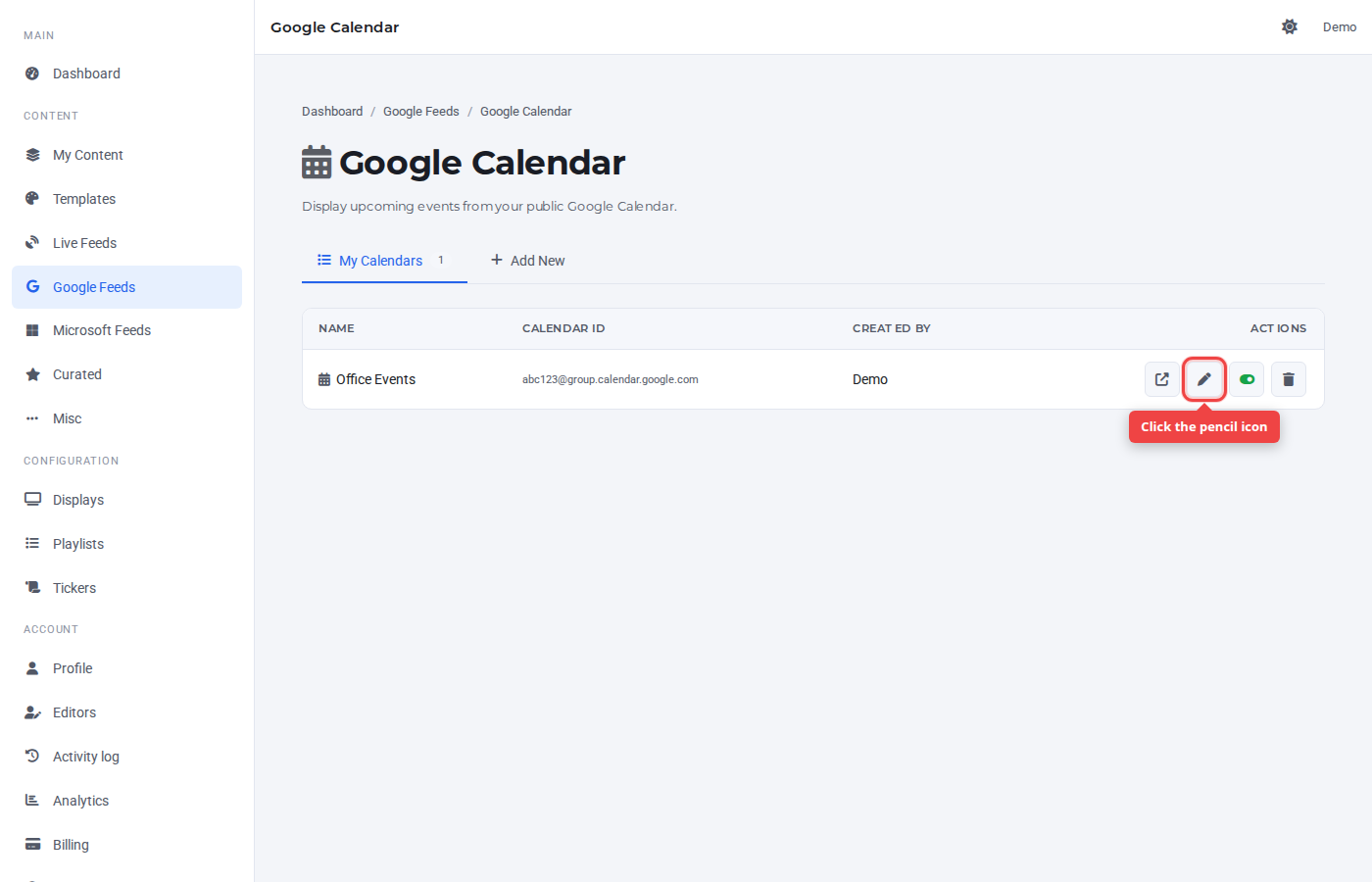 My Calendars row with the pencil (edit) icon highlighted