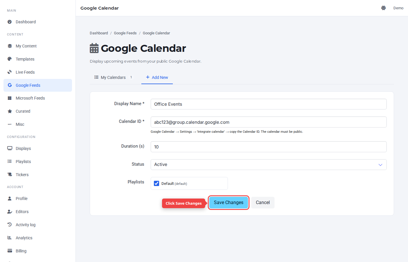 Form bottom with the Save Changes button highlighted