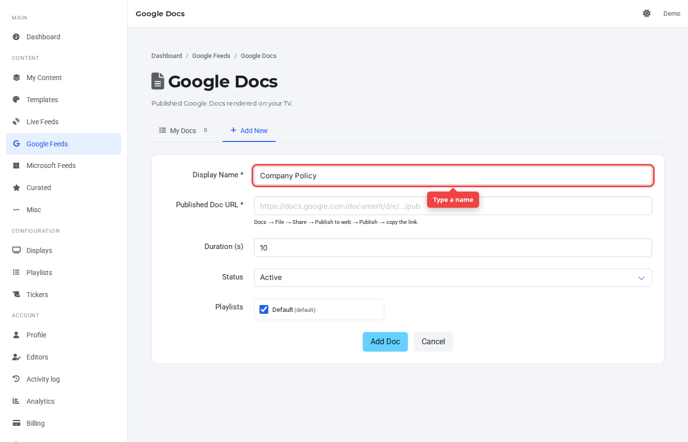 Google Docs Add New form with the Display Name field highlighted