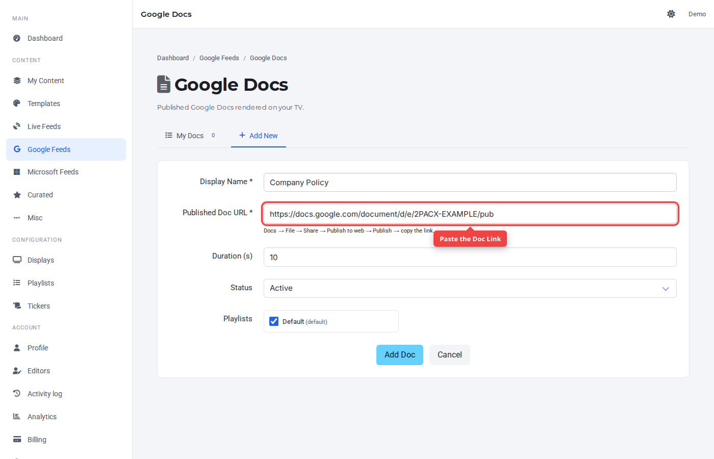 Google Docs source URL field highlighted