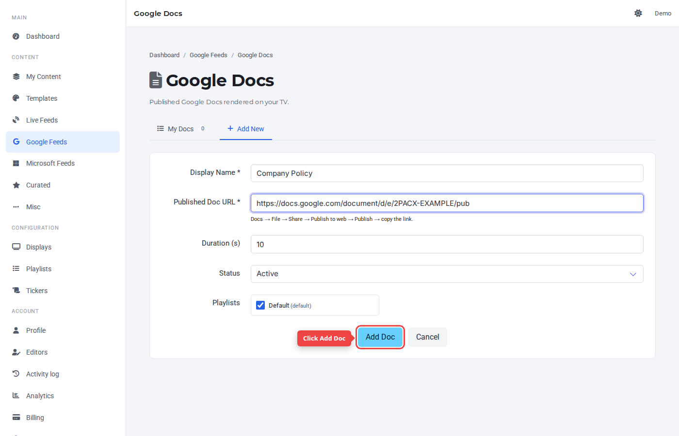 Form bottom with the Add Doc button highlighted