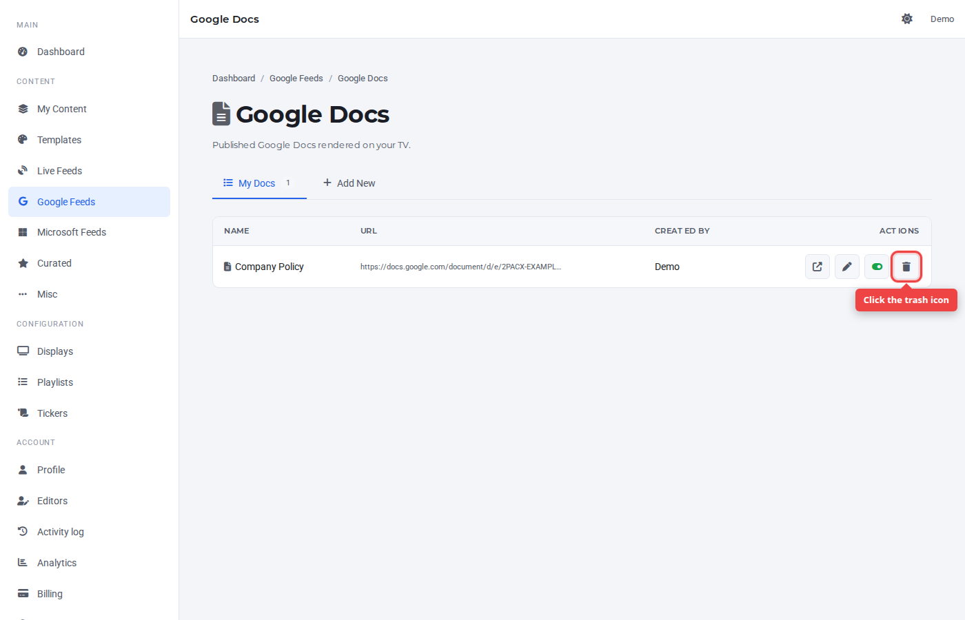 My Docs row with the trash icon highlighted