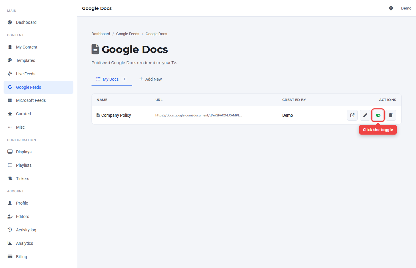 My Docs row with the toggle icon highlighted