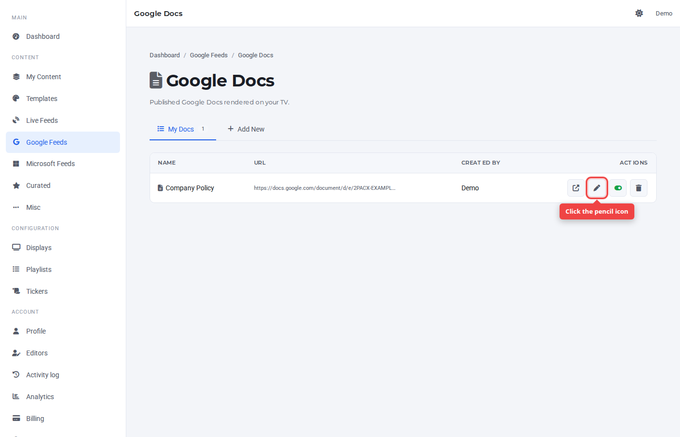 My Docs row with the pencil (edit) icon highlighted