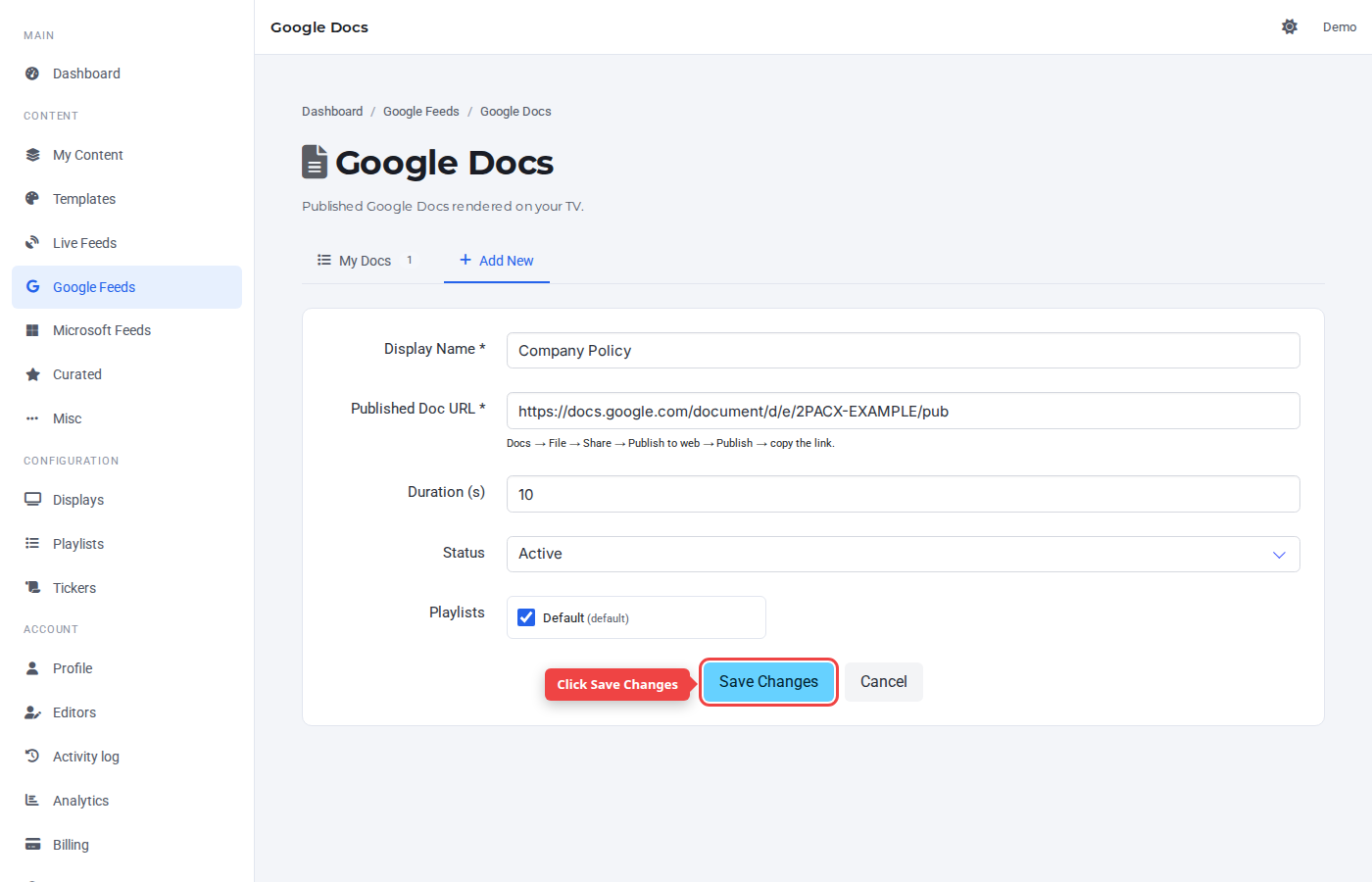 Form bottom with the Save Changes button highlighted