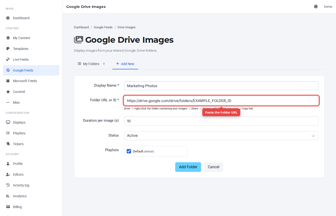 Google Drive Images source URL field highlighted