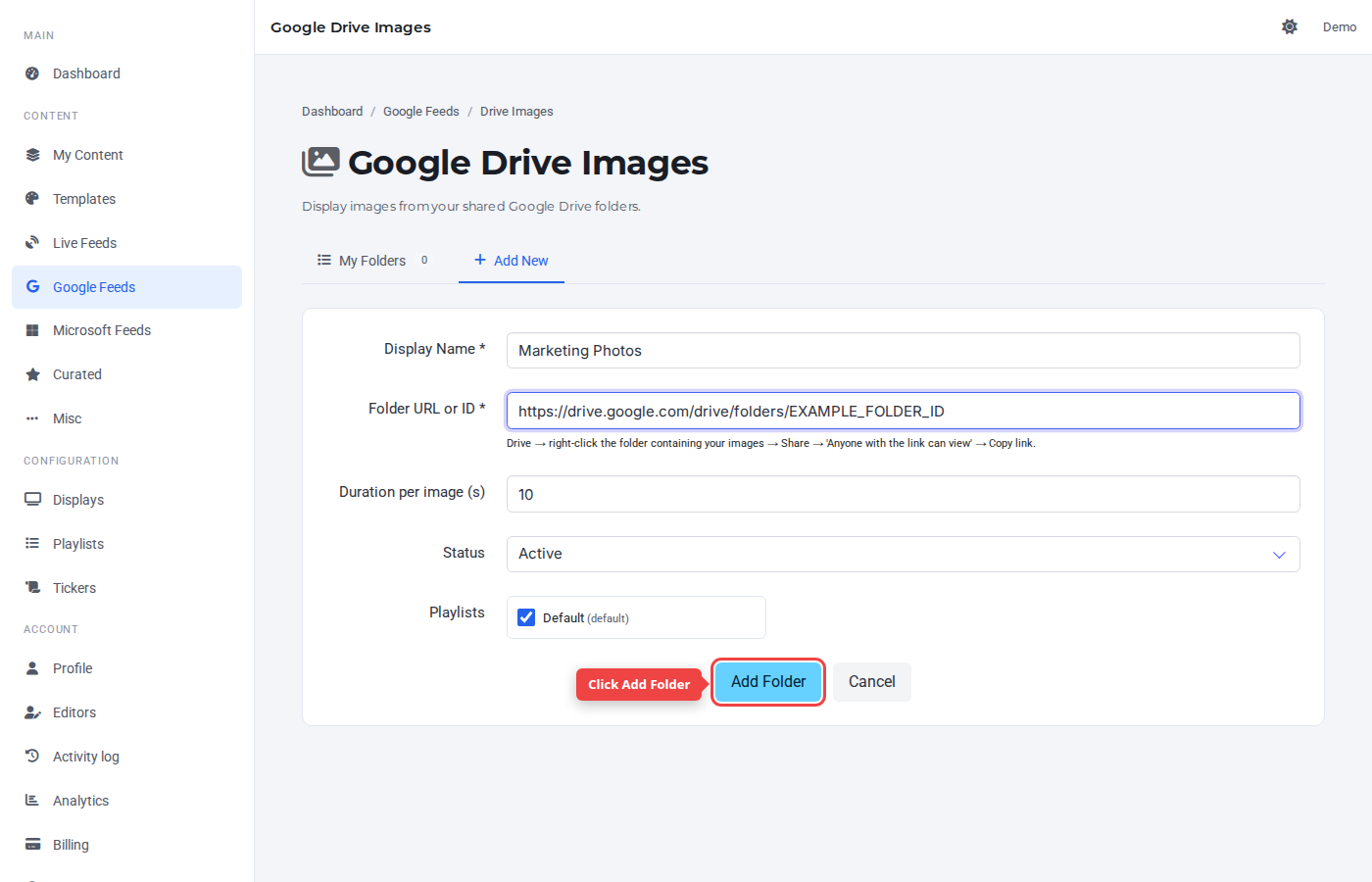 Form bottom with the Add Folder button highlighted
