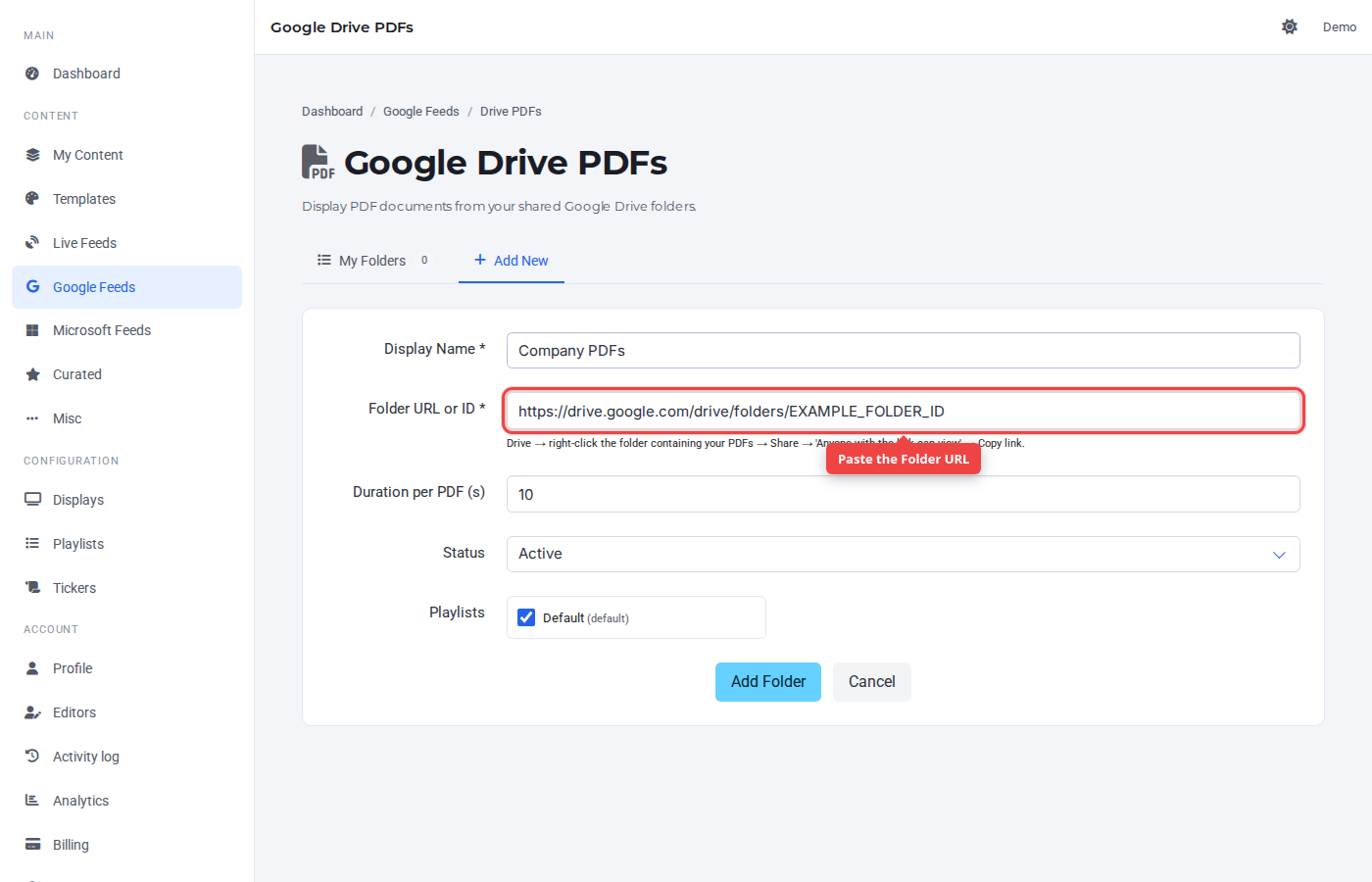 Google Drive PDFs source URL field highlighted