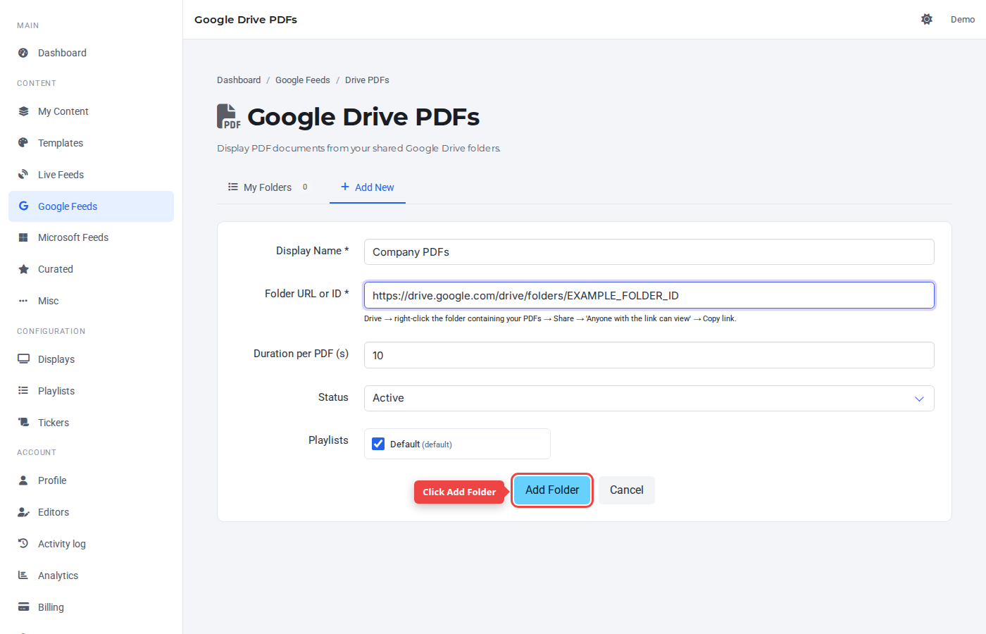 Form bottom with the Add Folder button highlighted