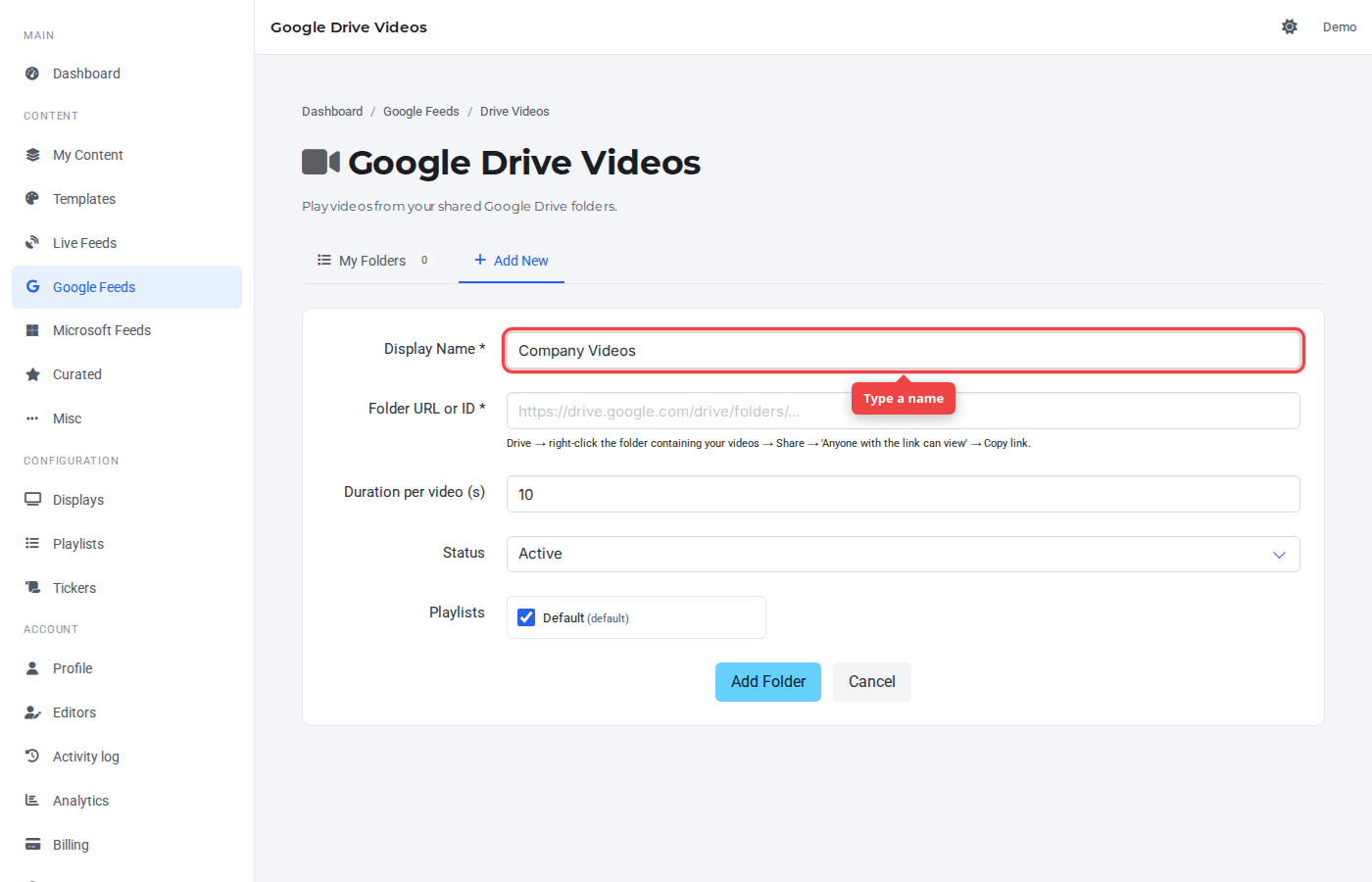 Google Drive Videos Add New form with the Display Name field highlighted
