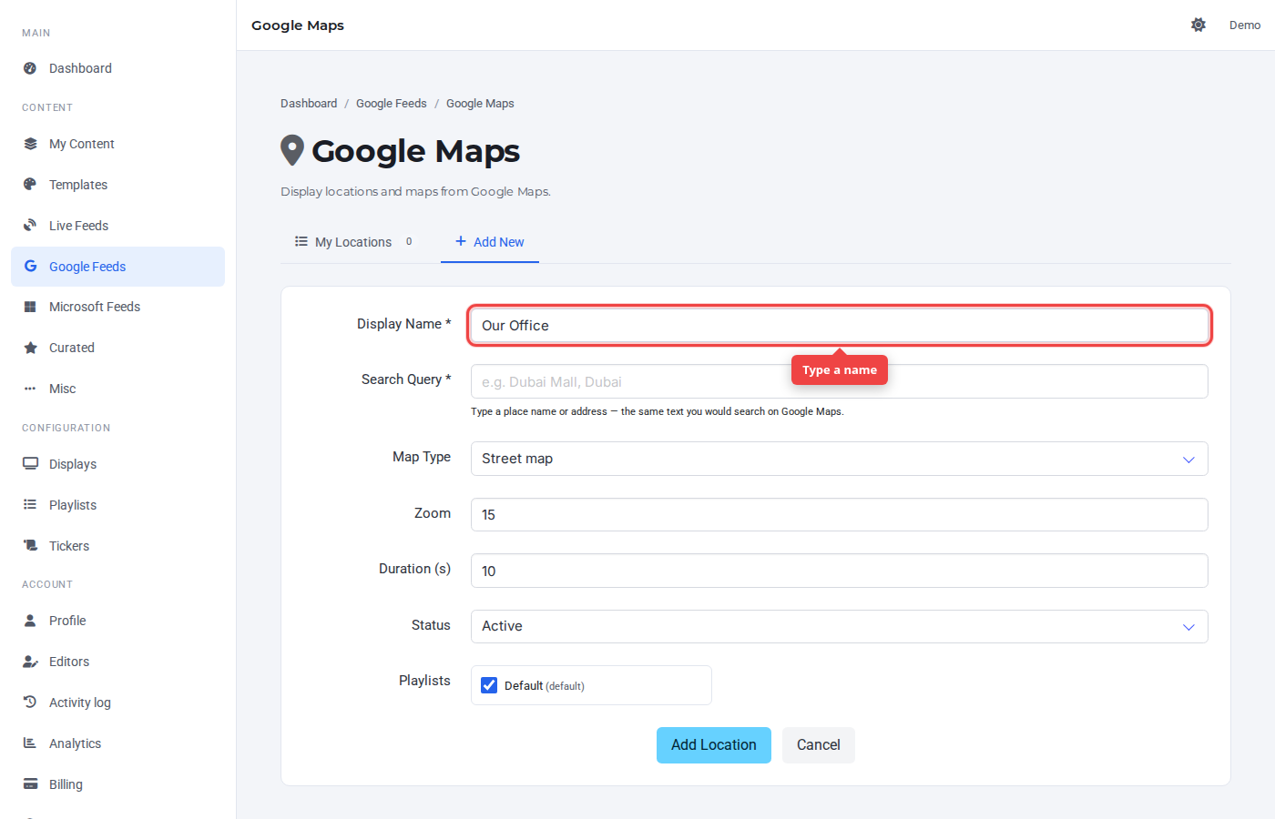 Google Maps Add New form with the Display Name field highlighted