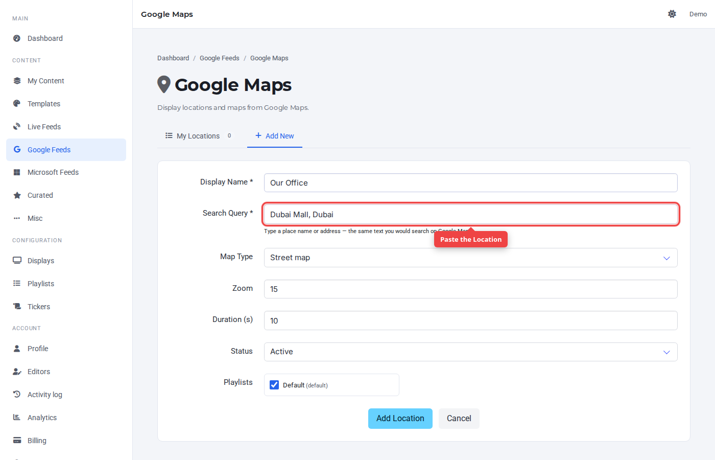Google Maps source URL field highlighted