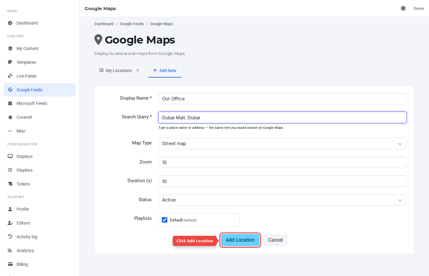 Form bottom with the Add Location button highlighted