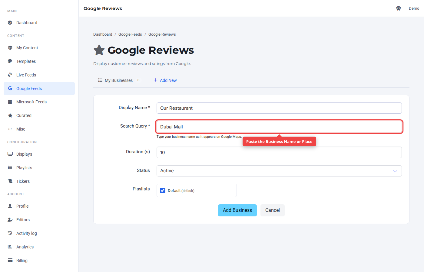 Google Reviews source URL field highlighted
