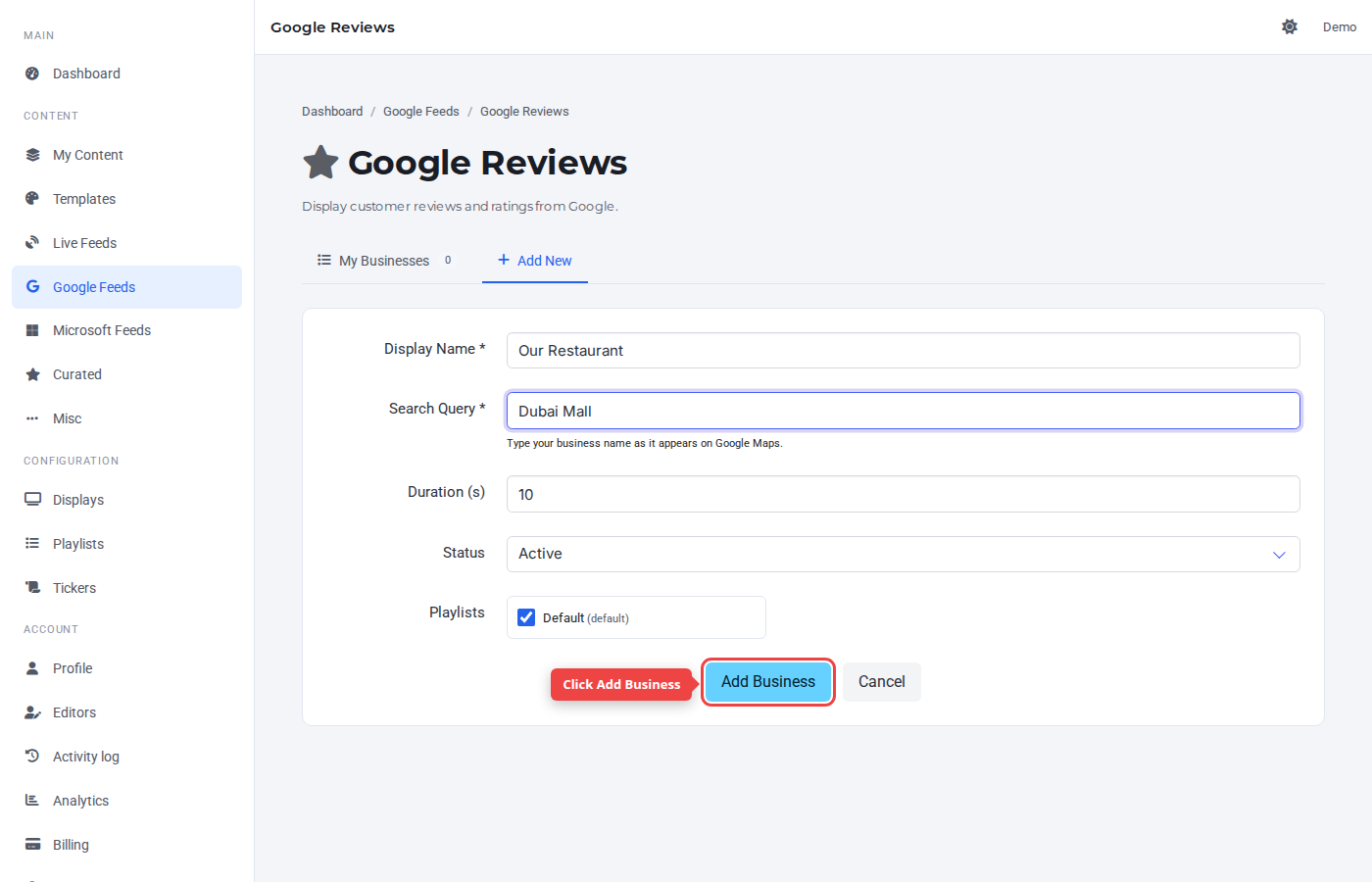 Form bottom with the Add Business button highlighted