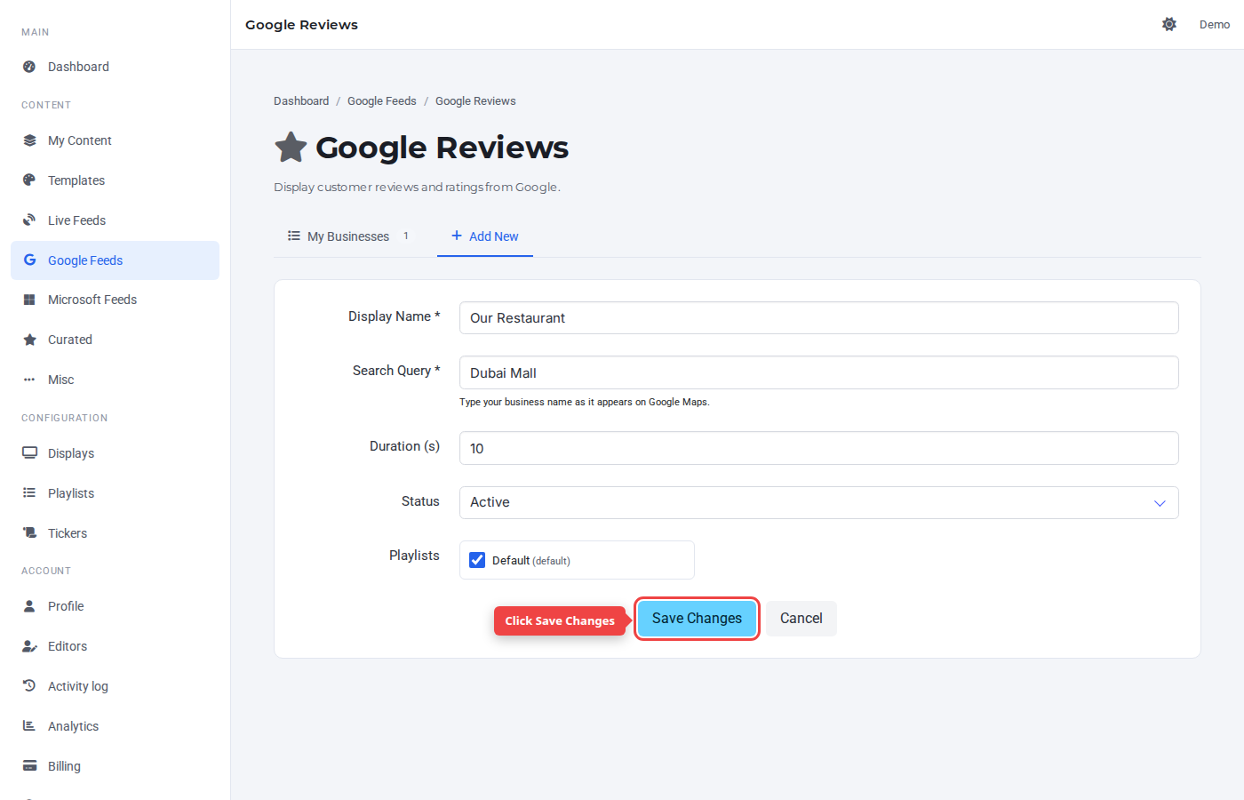Form bottom with the Save Changes button highlighted