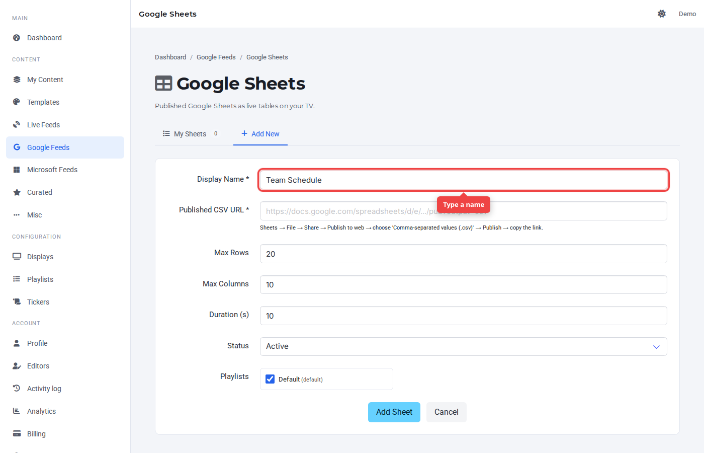 Google Sheets Add New form with the Display Name field highlighted