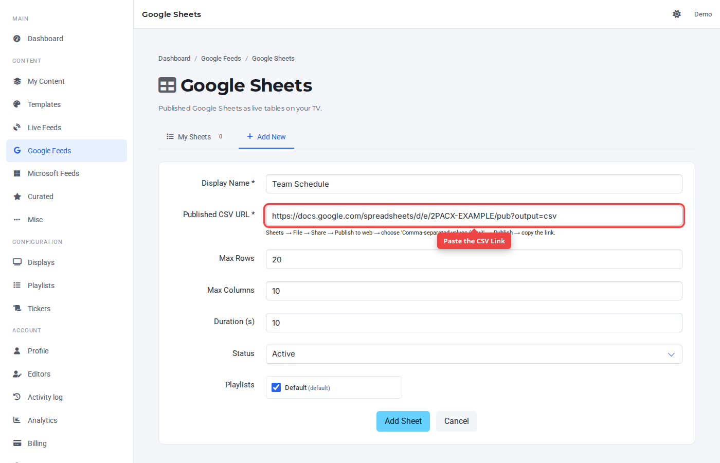 Google Sheets source URL field highlighted