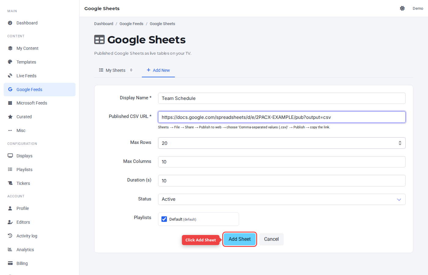 Form bottom with the Add Sheet button highlighted