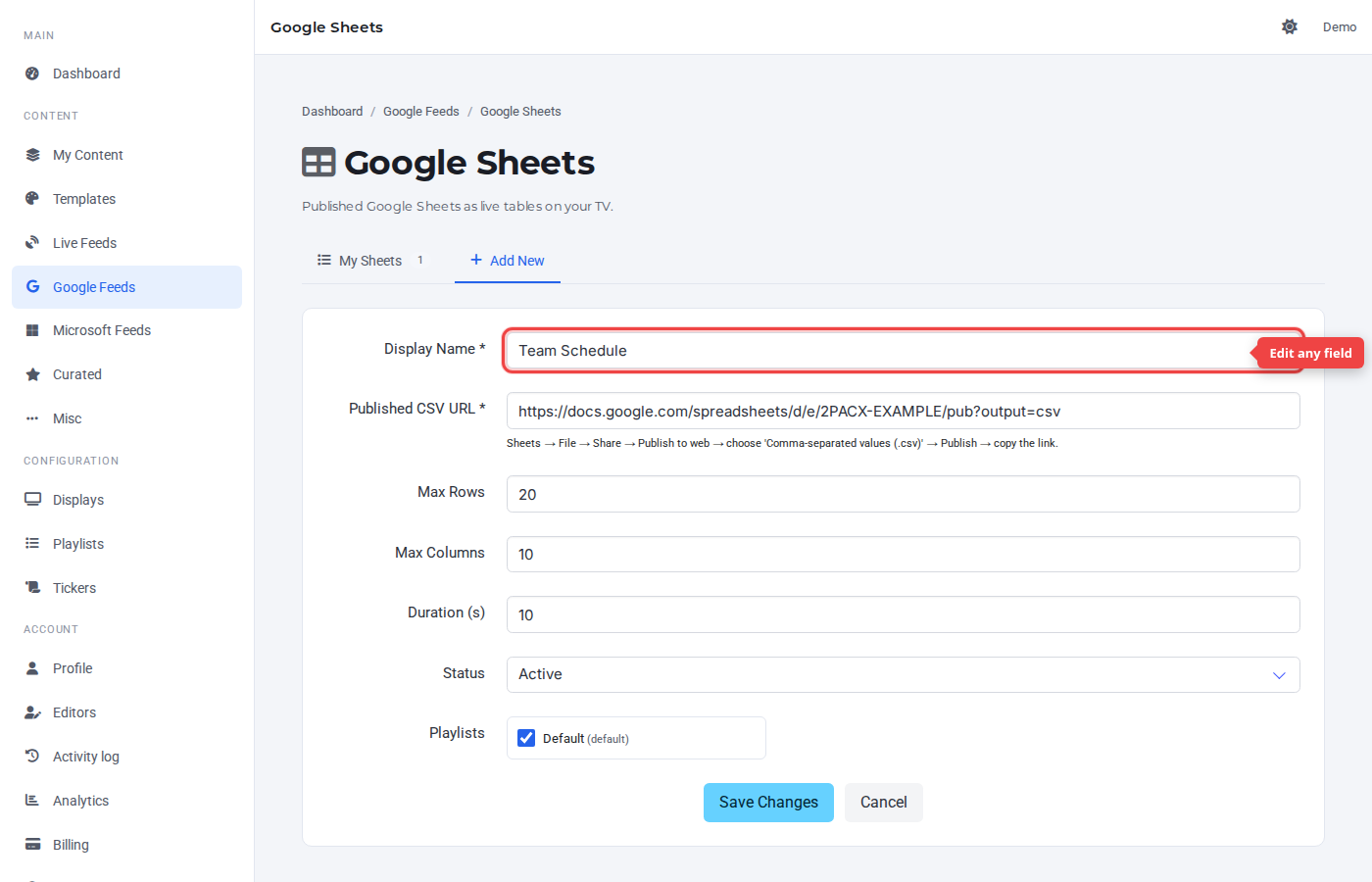 Edit form pre-filled with the saved values