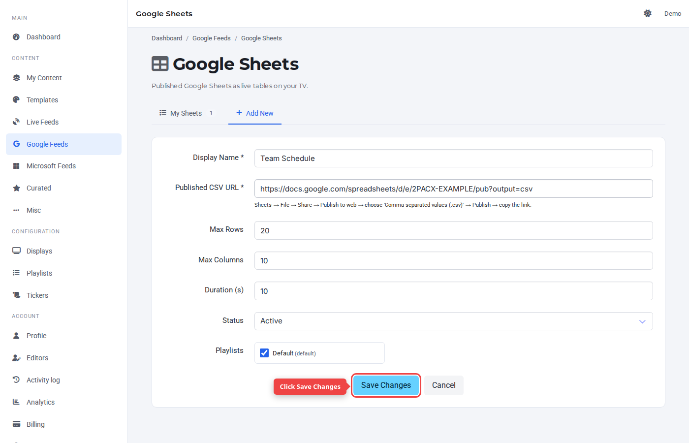 Form bottom with the Save Changes button highlighted