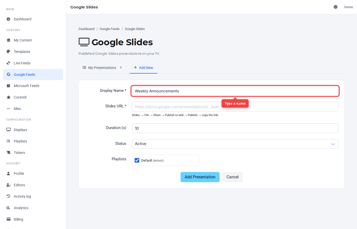 Google Slides Add New form with the Display Name field highlighted