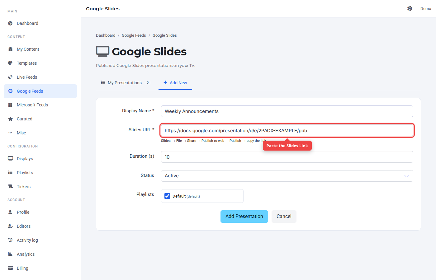 Google Slides source URL field highlighted