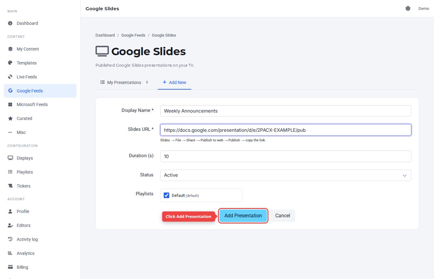 Form bottom with the Add Presentation button highlighted