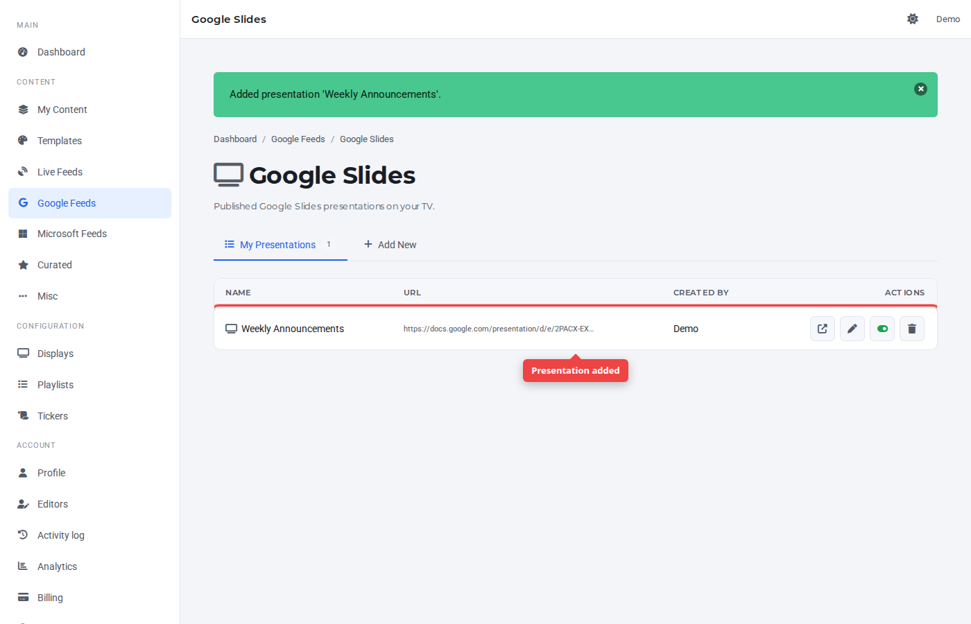 My Presentations tab with the new entry highlighted