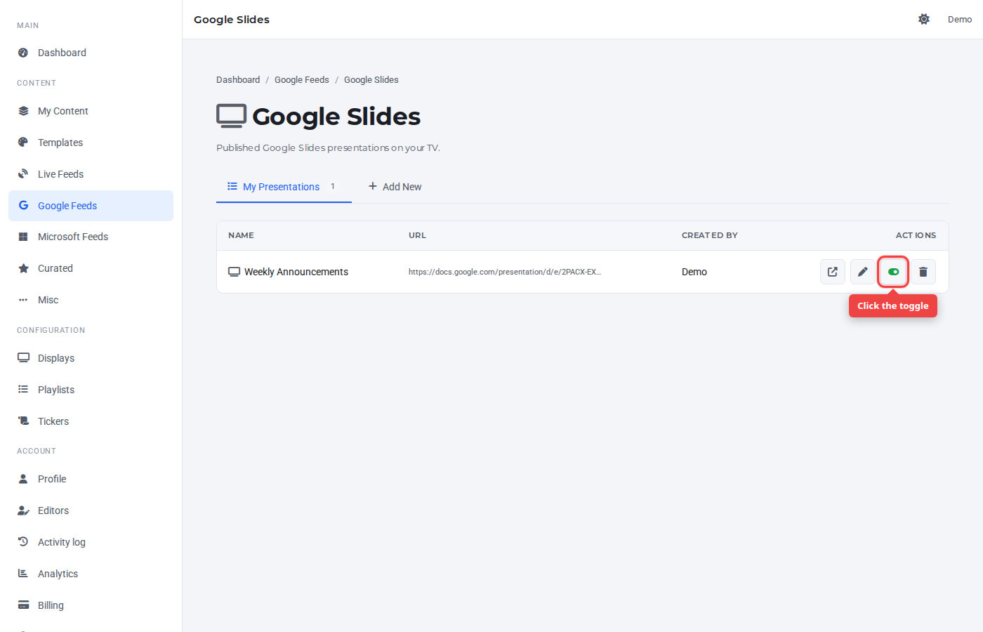 My Presentations row with the toggle icon highlighted