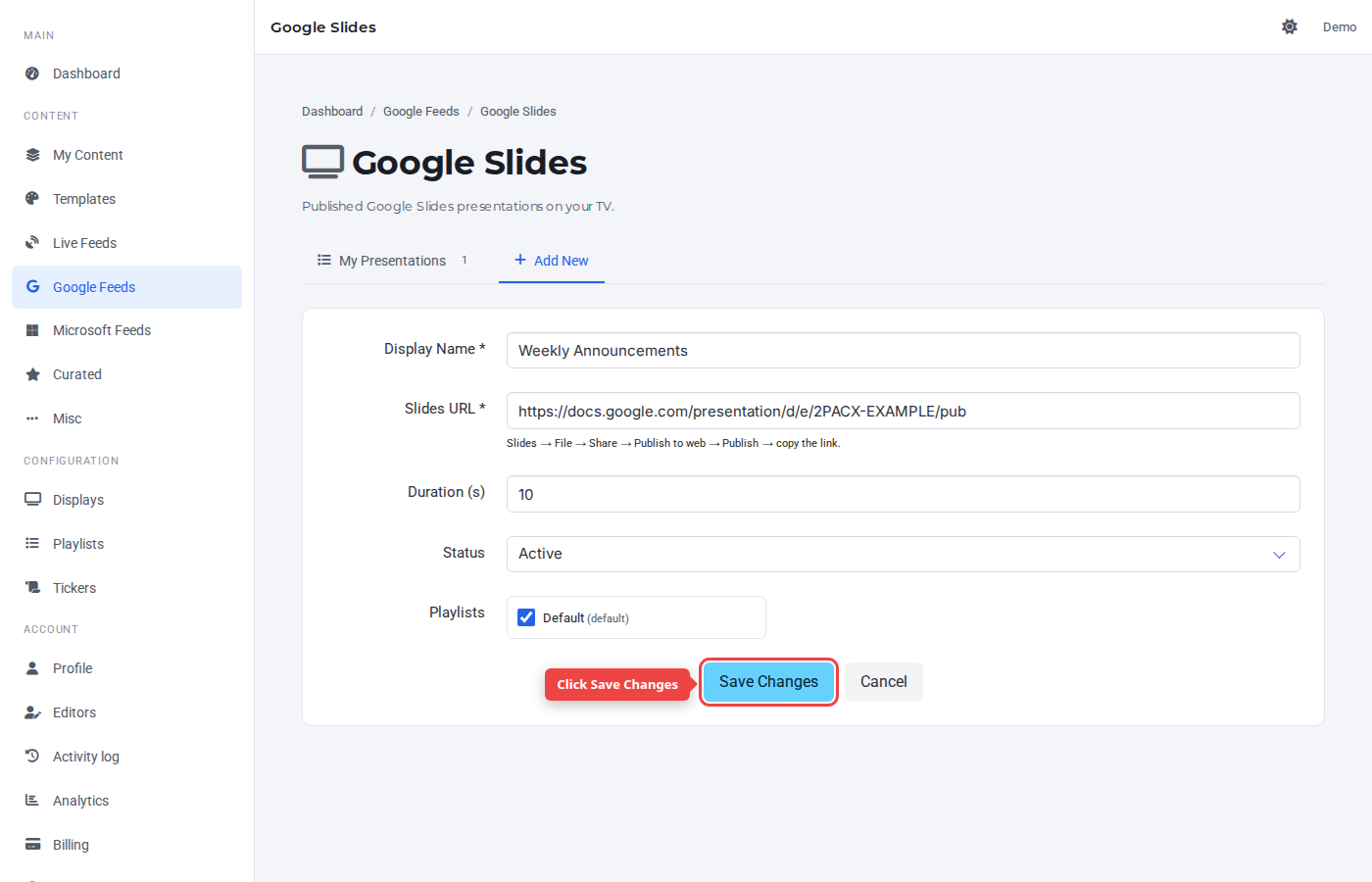 Form bottom with the Save Changes button highlighted
