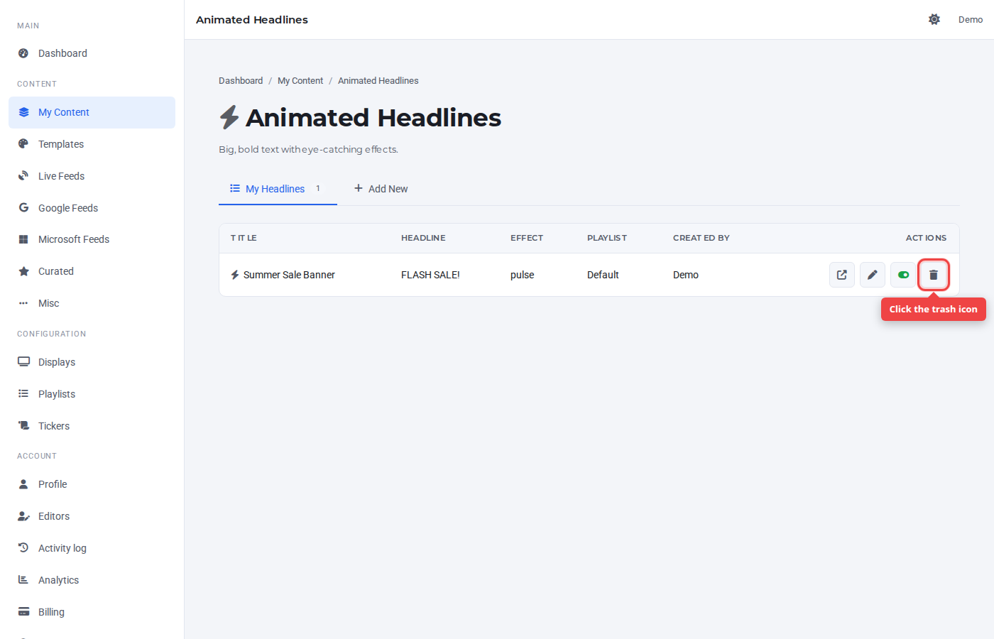 Animated Headlines row with the trash icon highlighted