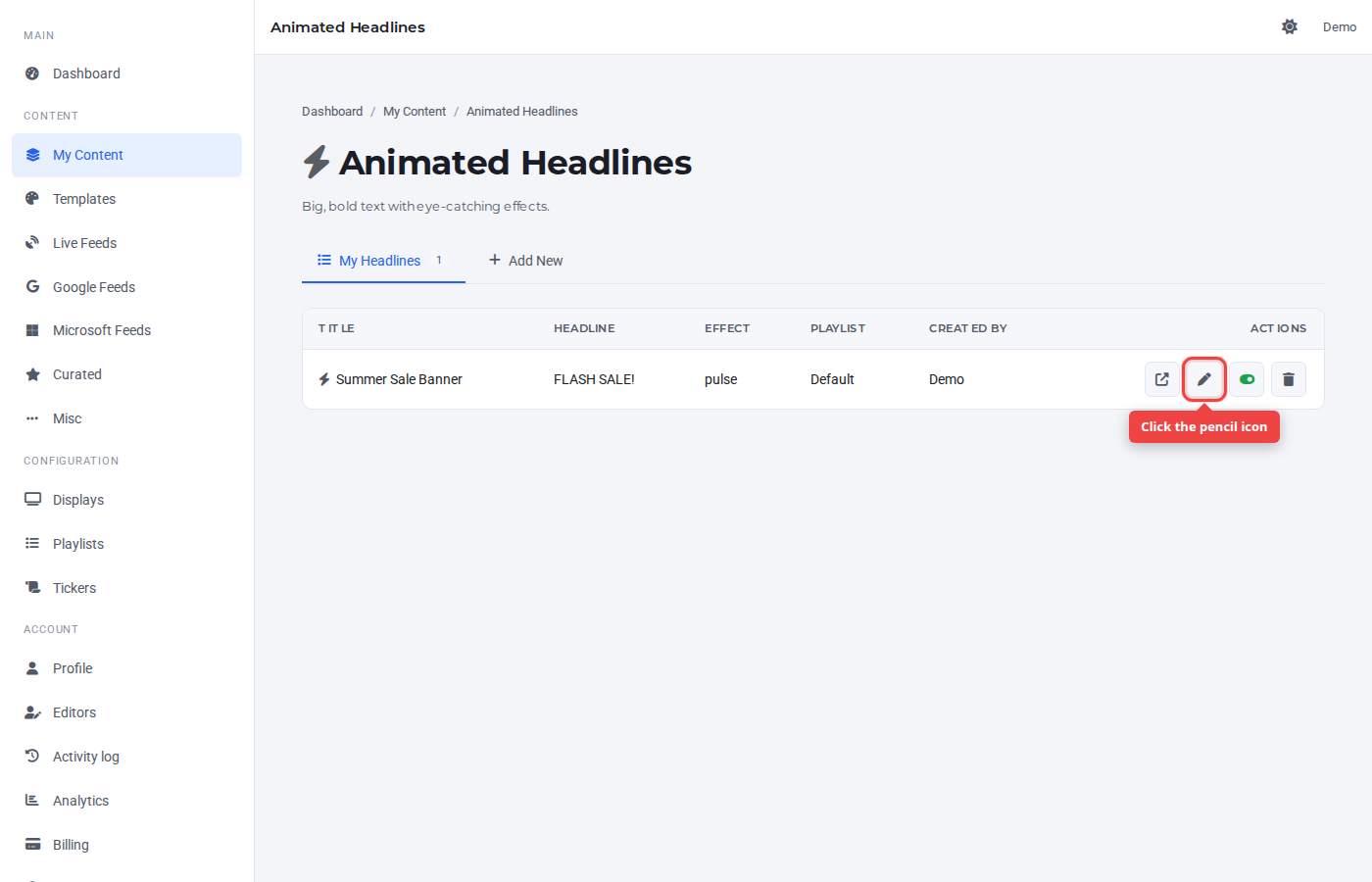 Animated Headlines row with the pencil (edit) icon highlighted