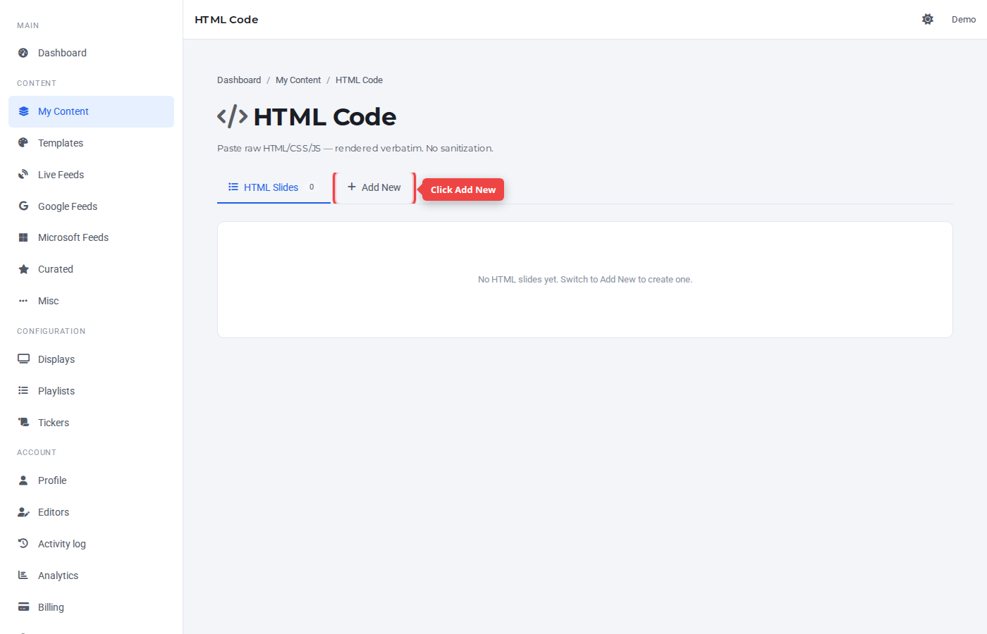 HTML Code page with the Add New tab highlighted